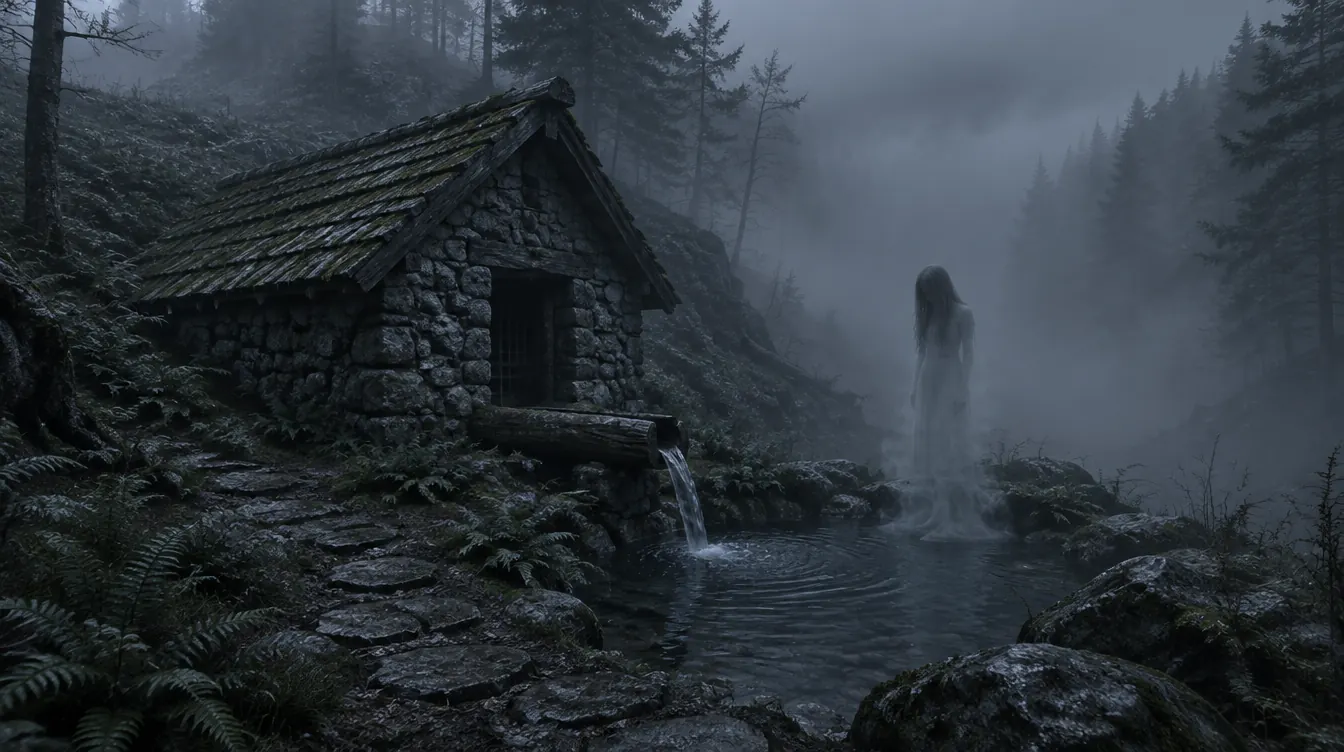 Rumah mata air dari batu di Coldspring Holler, sosok perempuan kabut berdiri di tepi kolam